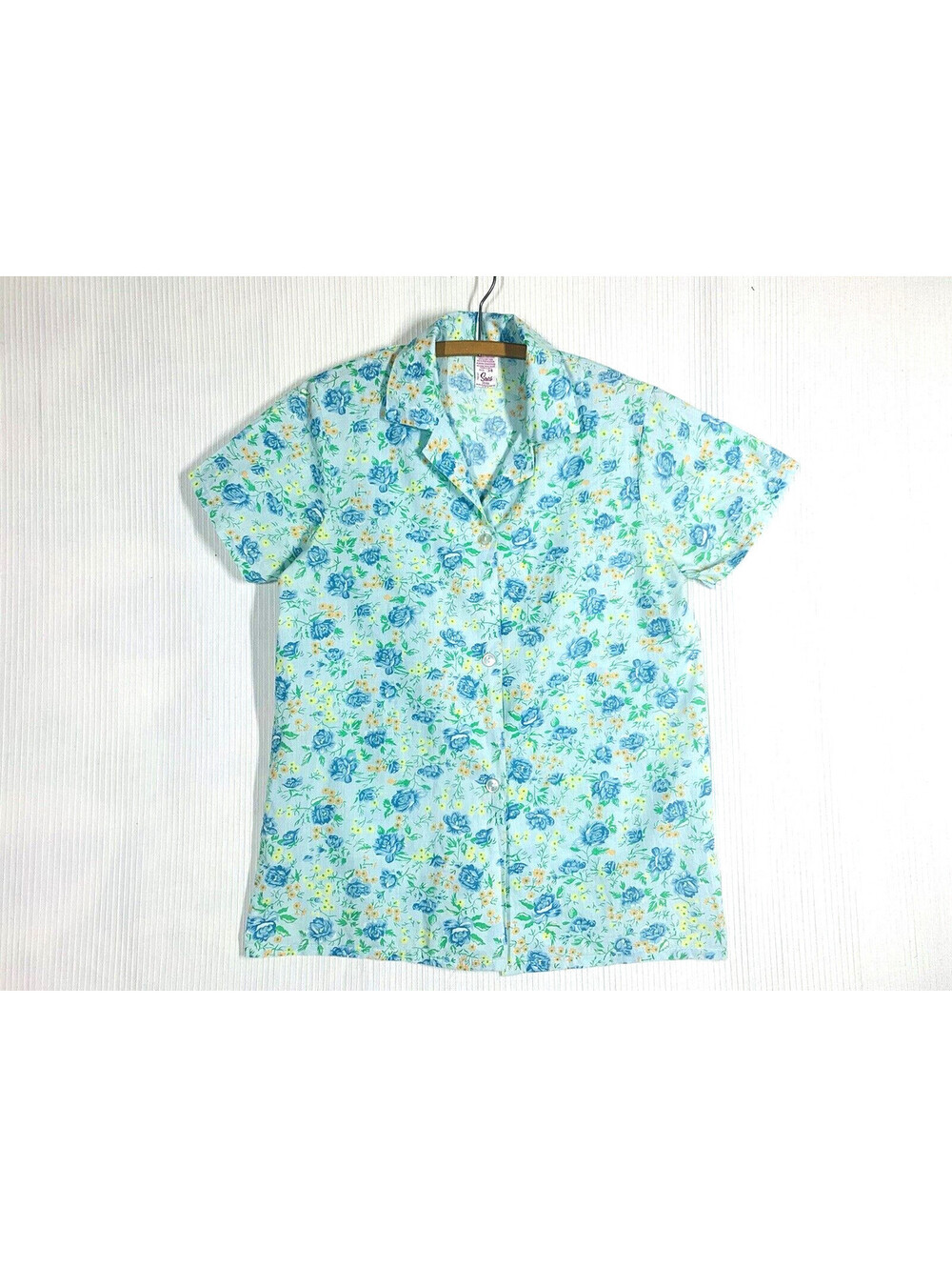 Vtg 60s Blue Rose Print Shirt M L Cotton Blend Retro Collar Sears Perma Smooth - Picture 4 of 7